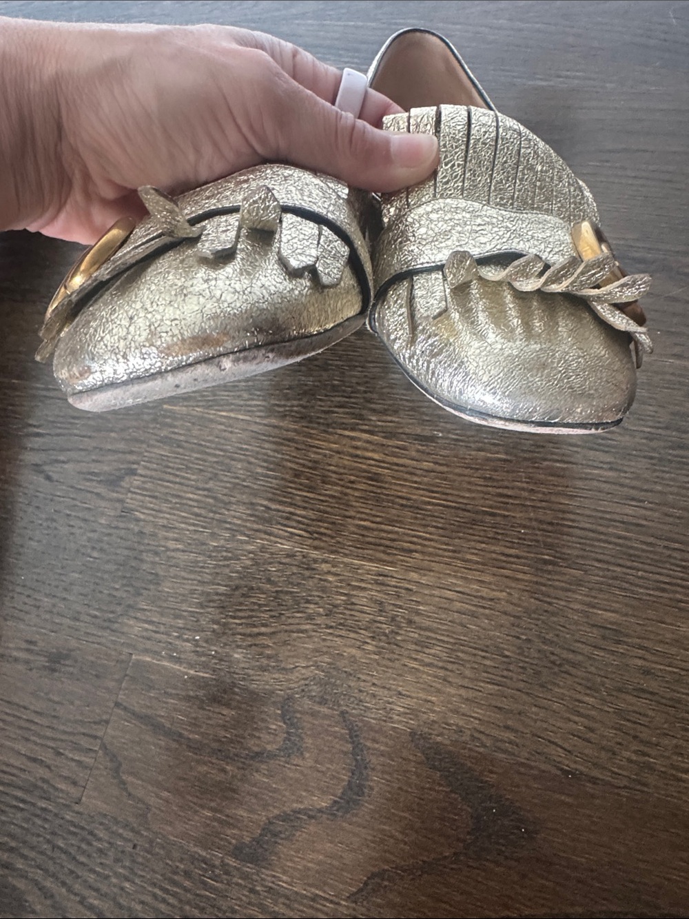 Gucci Marmont Metallic Gold Leather Fringe Ballet Flats GG Logo Size 37 - Picture 5 of 9
